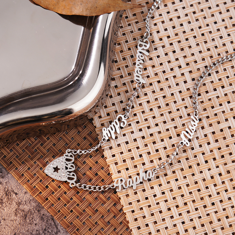 Custom Dad Necklace - Multi Name Shield Pendant with Crystal Star 
