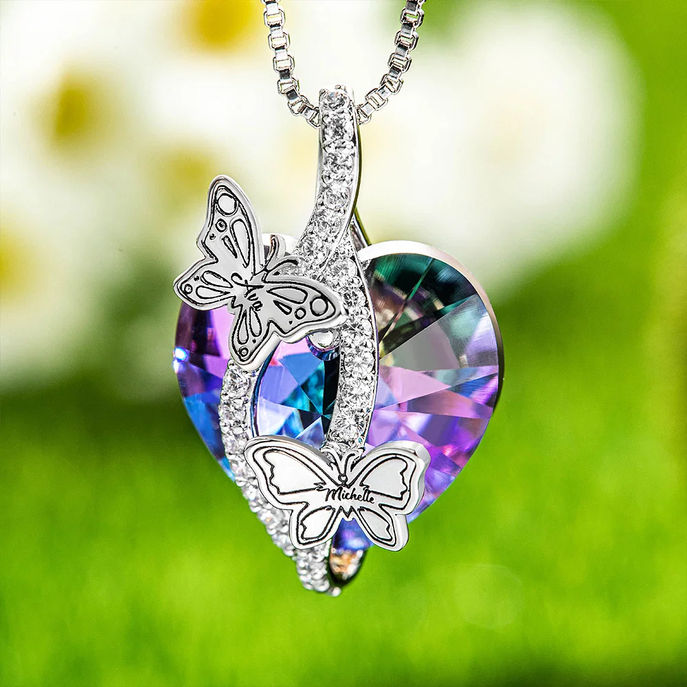 Personalized Butterfly Pendant Zircon Necklace Adorned with Heart Crystal Engraved Name Gift for Woman