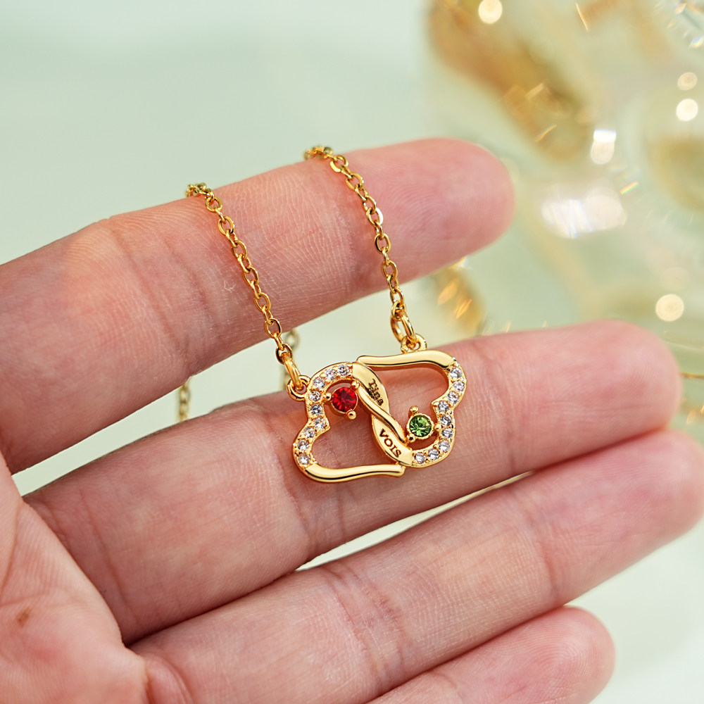 Diamond-encrusted double heart birthstone engraving necklace