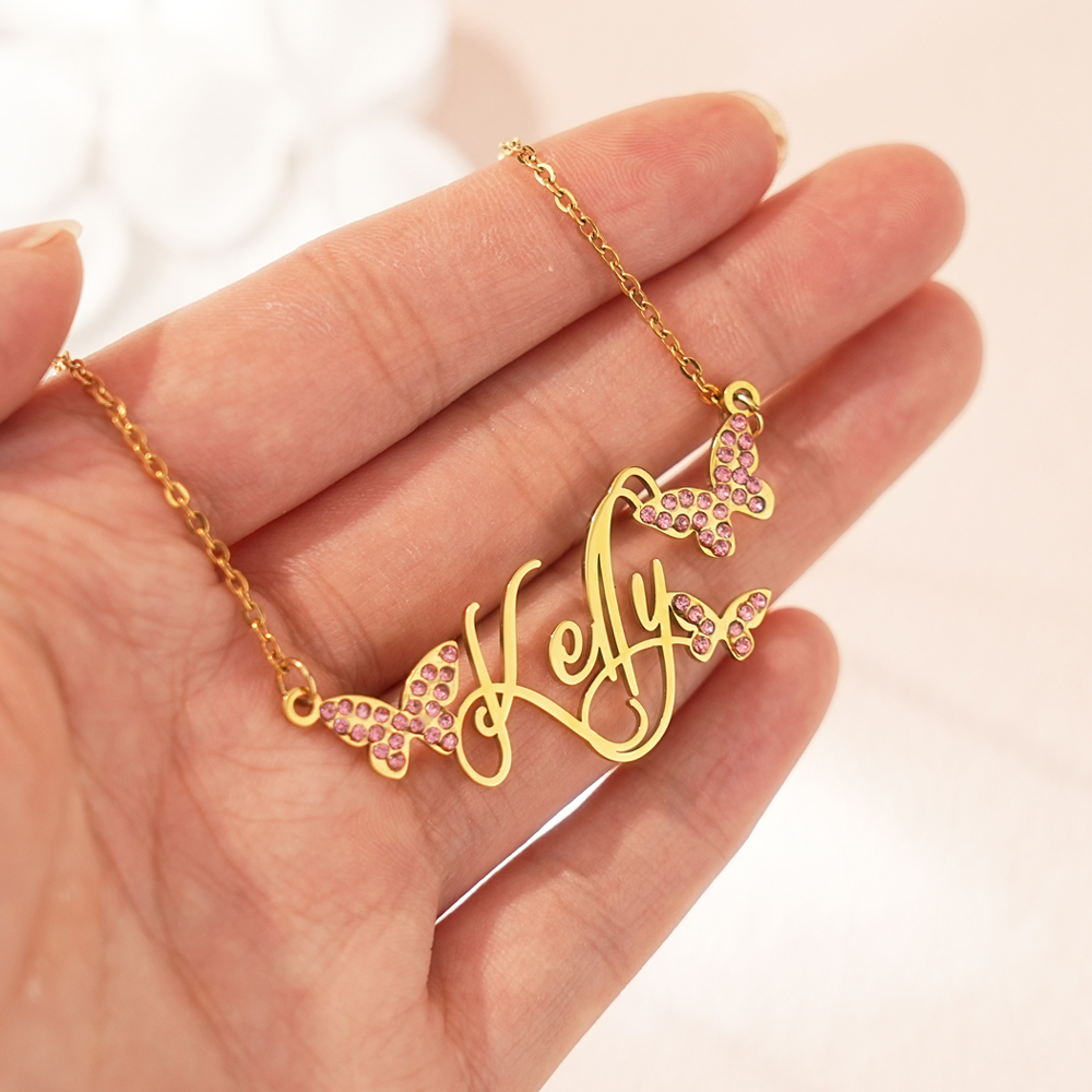 ✨ Personalized Butterfly Name Necklace with Birthstone Crystals