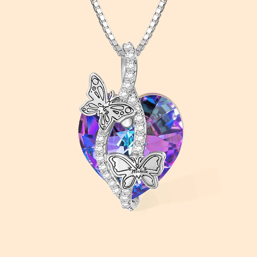 Personalized Butterfly Pendant Zircon Necklace Adorned with Heart Crystal Engraved Name Gift for Woman