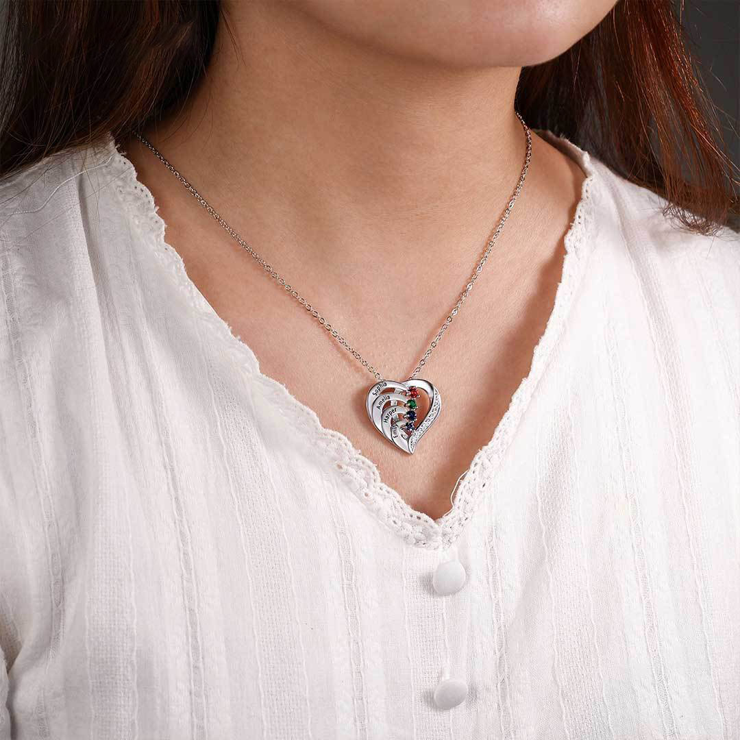 Personalized Mother Necklace 2/3/4 Stones Engraved 2/3/4 Names Birthstone Intertwined Heart Pendant