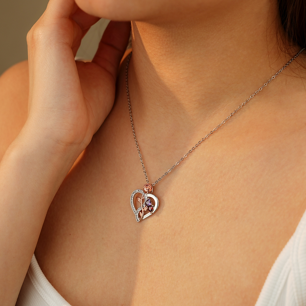 Heart-shaped birthstone rose necklace