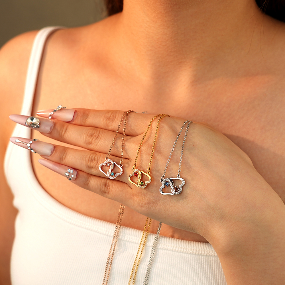 Diamond-encrusted double heart birthstone engraving necklace