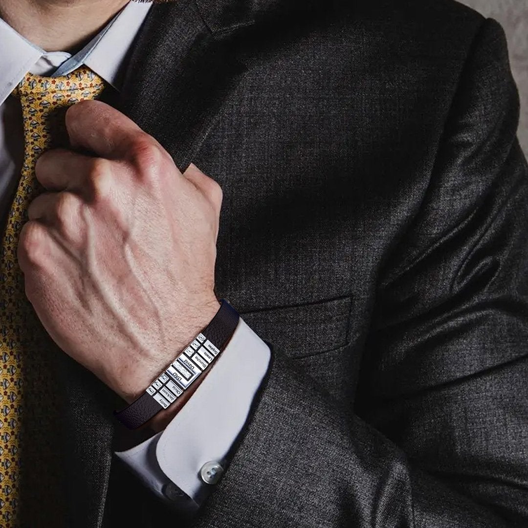 Father's Day Gift Men Learther Bracelet With Diamond Name Beads
