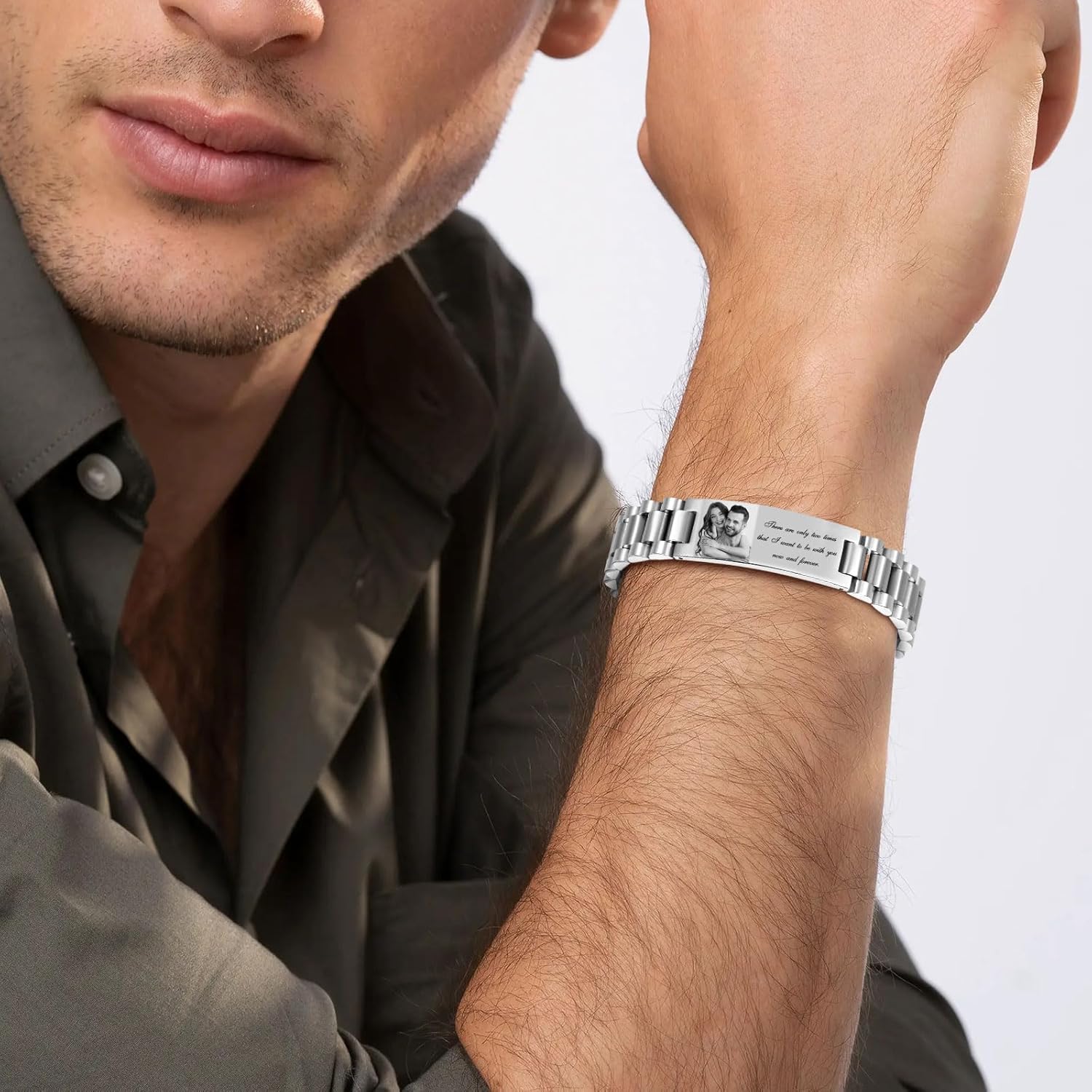 Personalized Picture Bracelet for Dad - Free Engraved Customized Photo Bracelets,Hypoallergenic Stainless Steel Adjustable Wristband,Trendy Custom Engraving Photo/Text/Name Bracelet Jewelry for Men