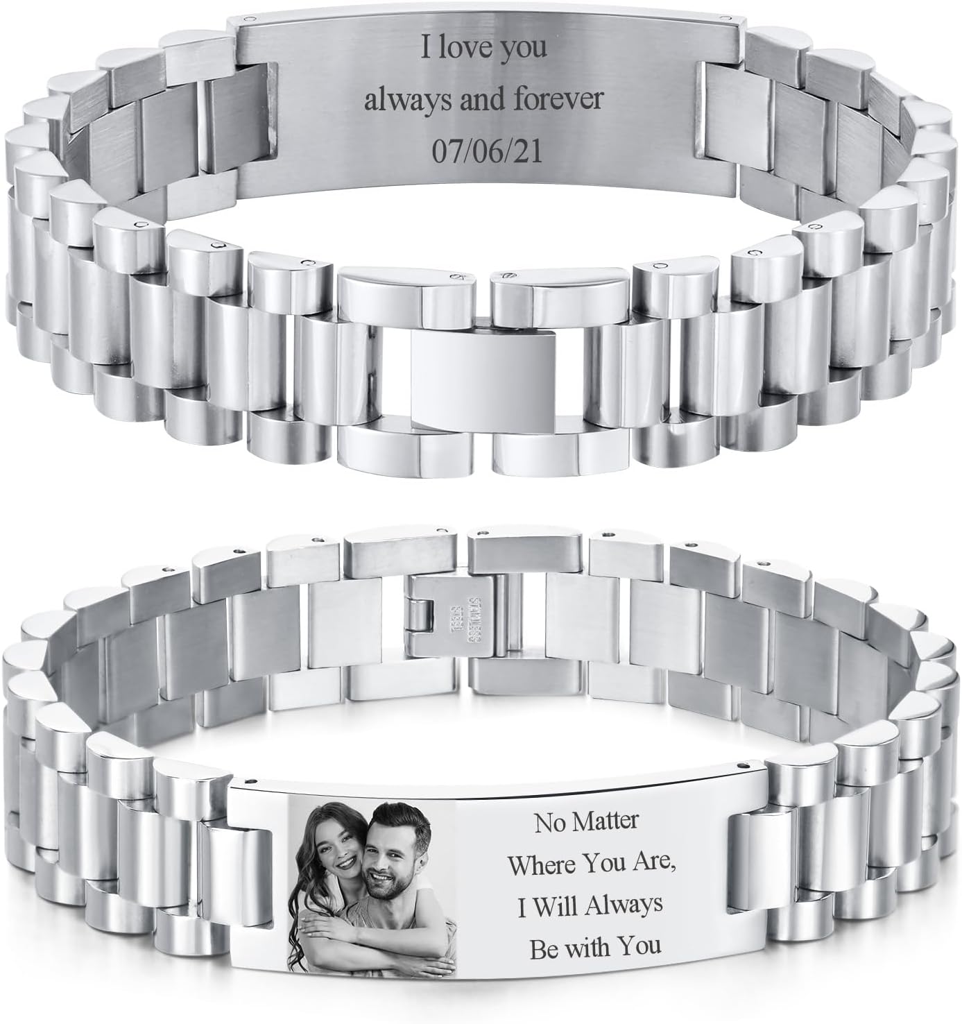 Personalized Picture Bracelet for Dad - Free Engraved Customized Photo Bracelets,Hypoallergenic Stainless Steel Adjustable Wristband,Trendy Custom Engraving Photo/Text/Name Bracelet Jewelry for Men