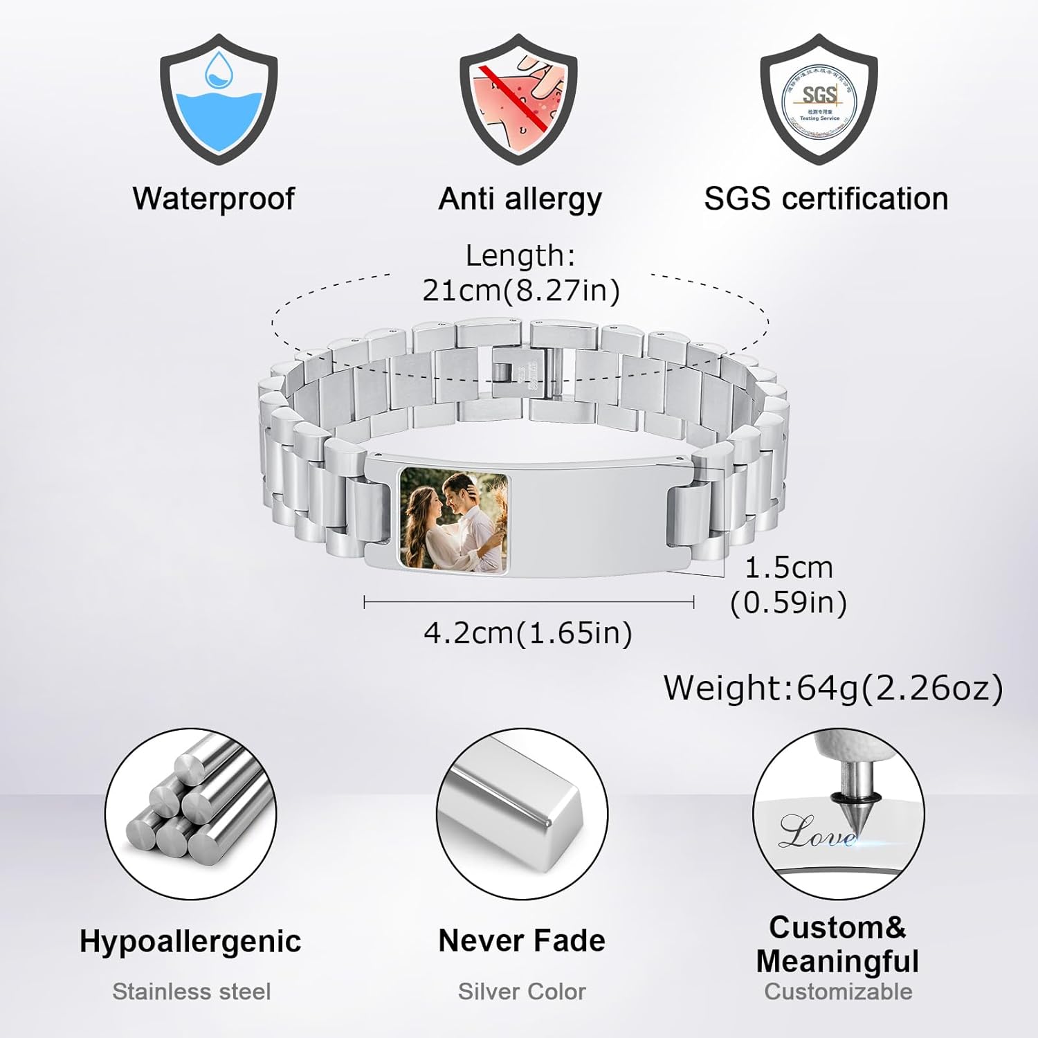 Personalized Picture Bracelet for Dad - Free Engraved Customized Photo Bracelets,Hypoallergenic Stainless Steel Adjustable Wristband,Trendy Custom Engraving Photo/Text/Name Bracelet Jewelry for Men