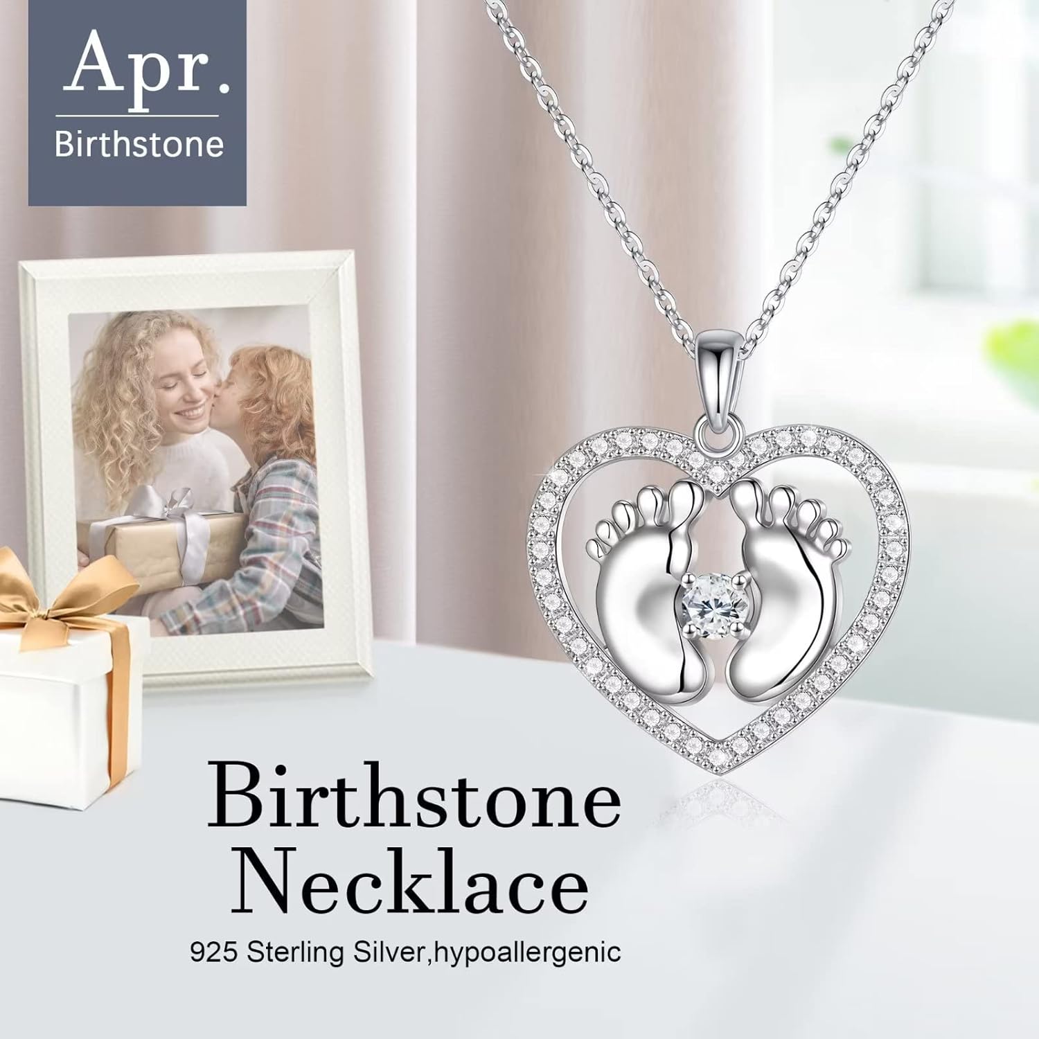 New Mom Gifts Love Birthstone Necklace, 925 Sterling Silver Birthstone Jewelry Tiny Baby Feet Necklace for Mom to Be Gift, Pregnancy Gift for First Time Mom Mothers Day Gifts for New Mom