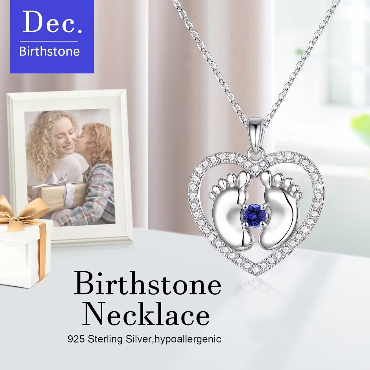 New Mom Gifts Love Birthstone Necklace, 925 Sterling Silver Birthstone Jewelry Tiny Baby Feet Necklace for Mom to Be Gift, Pregnancy Gift for First Time Mom Mothers Day Gifts for New Mom