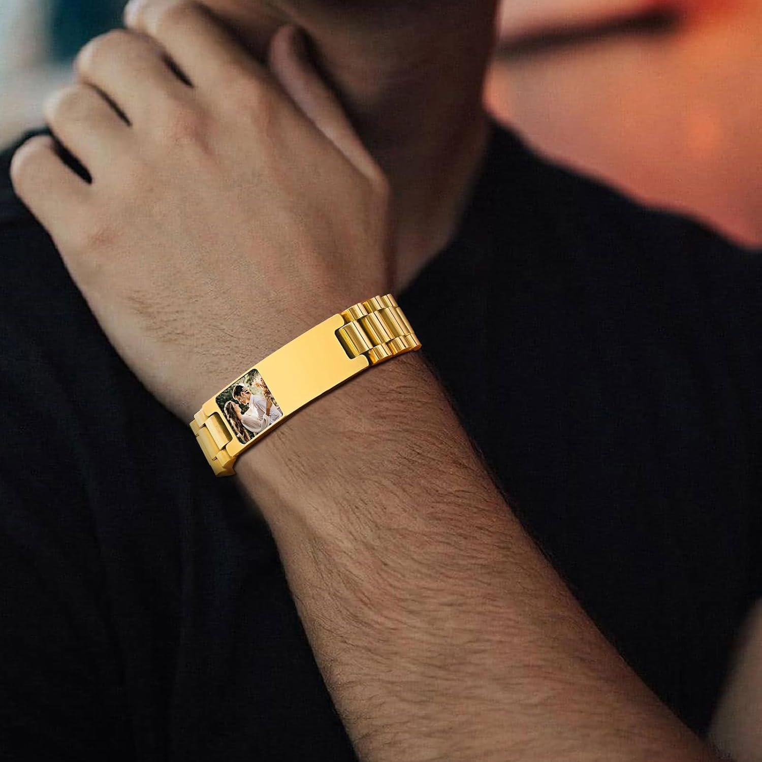 Personalized Picture Bracelet for Dad - Free Engraved Customized Photo Bracelets,Hypoallergenic Stainless Steel Adjustable Wristband,Trendy Custom Engraving Photo/Text/Name Bracelet Jewelry for Men