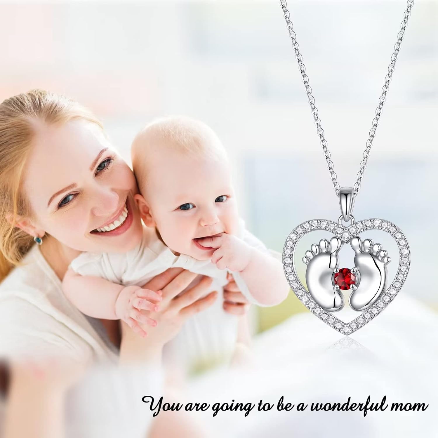 New Mom Gifts Love Birthstone Necklace, 925 Sterling Silver Birthstone Jewelry Tiny Baby Feet Necklace for Mom to Be Gift, Pregnancy Gift for First Time Mom Mothers Day Gifts for New Mom