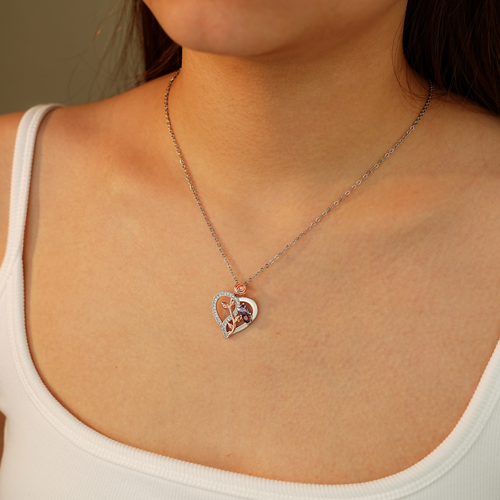 Heart-shaped birthstone rose necklace