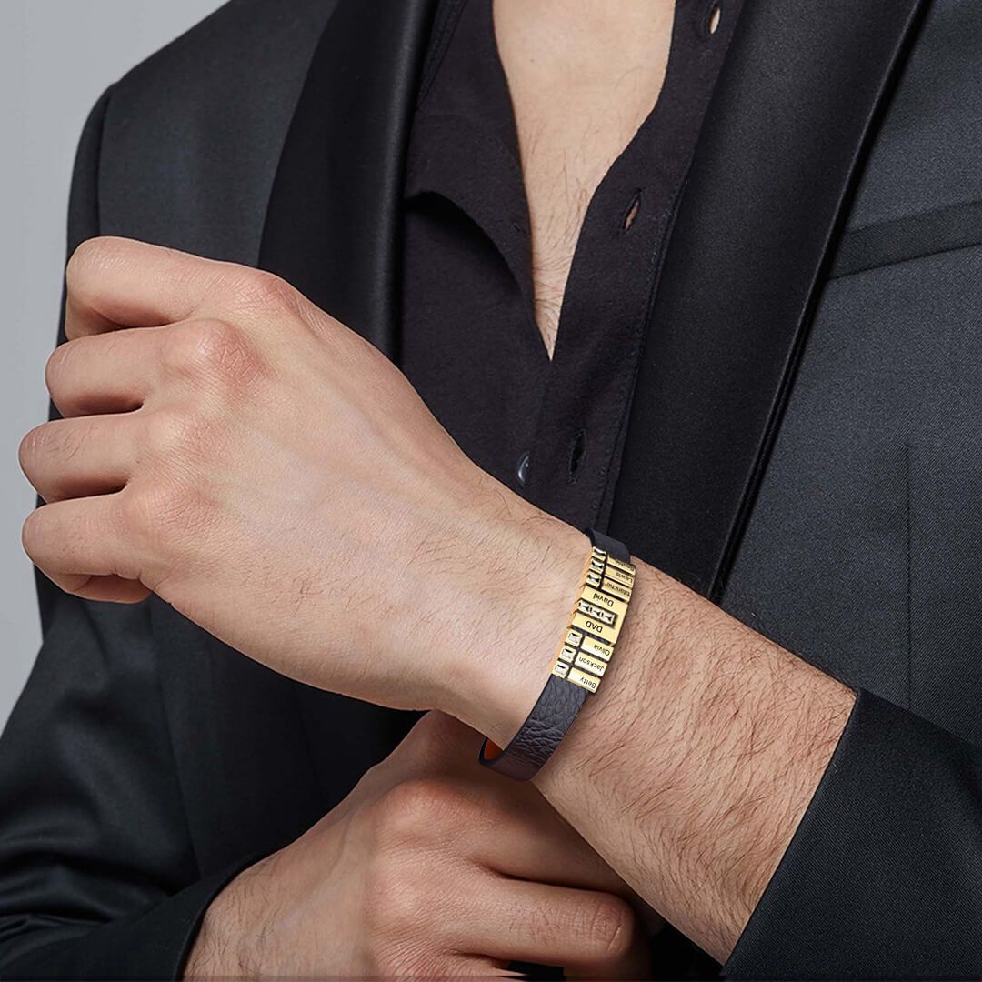 Father's Day Gift Men Learther Bracelet With Diamond Name Beads