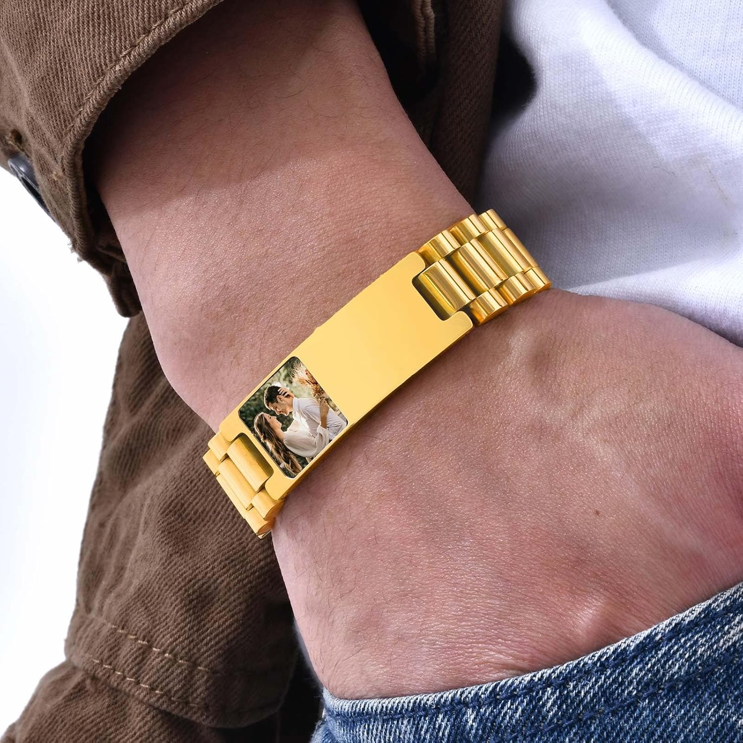 Personalized Picture Bracelet for Dad - Free Engraved Customized Photo Bracelets,Hypoallergenic Stainless Steel Adjustable Wristband,Trendy Custom Engraving Photo/Text/Name Bracelet Jewelry for Men