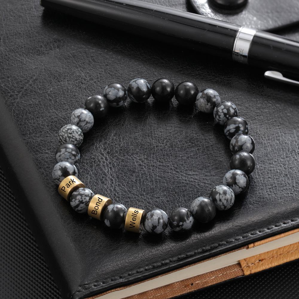 Serene Black Onyx Men Bracelet Personalized 3 Names Beaded Warp Bracelet Gift For Him