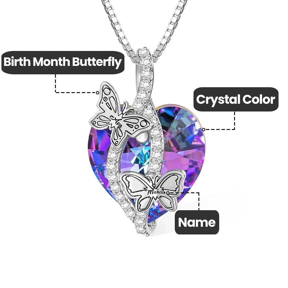 Personalized Butterfly Pendant Zircon Necklace Adorned with Heart Crystal Engraved Name Gift for Woman