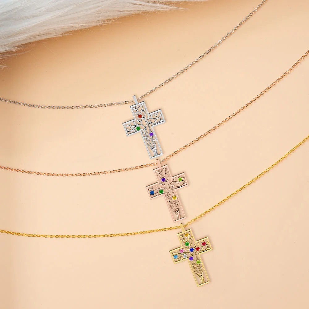 Cross Family Tree Birthstones Necklace