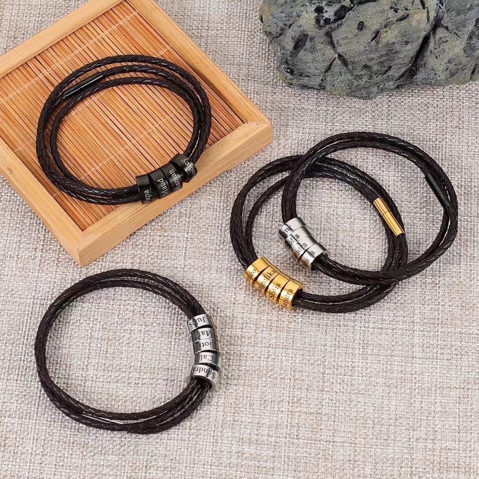 Men Braided Leather Bracelet with Small Custom Beads