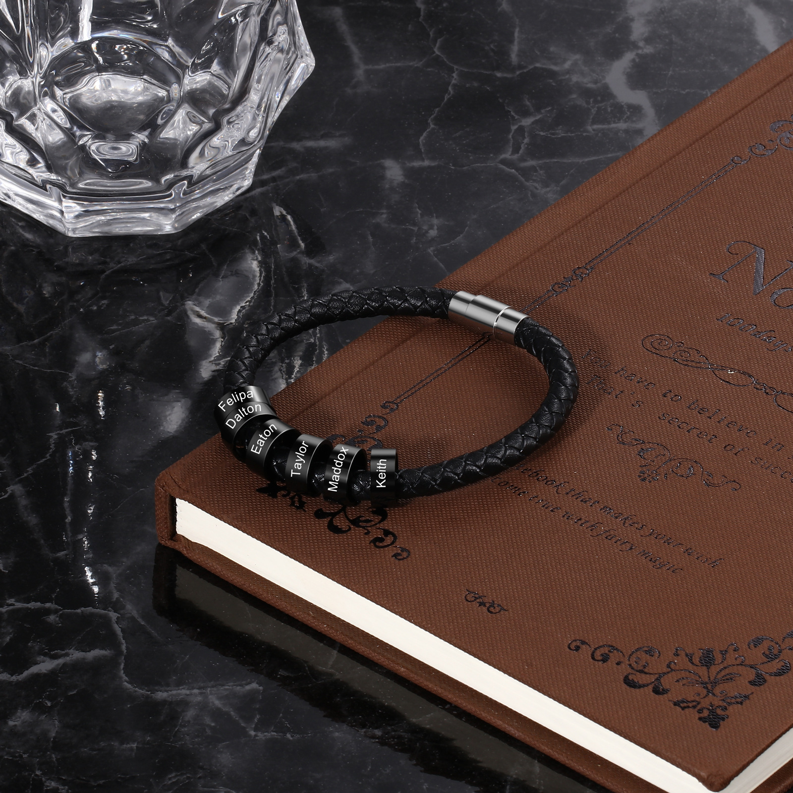 Men Braided Leather Bracelet with Small Custom Beads