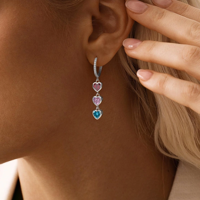 Personalized Heart Birthstone Dangle Hoop Huggie Earrings-Mother's Day Gift