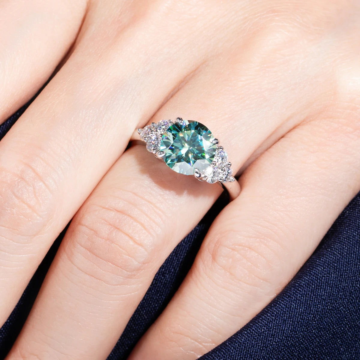 Green Moissanite Side Stone Engagement Ring
