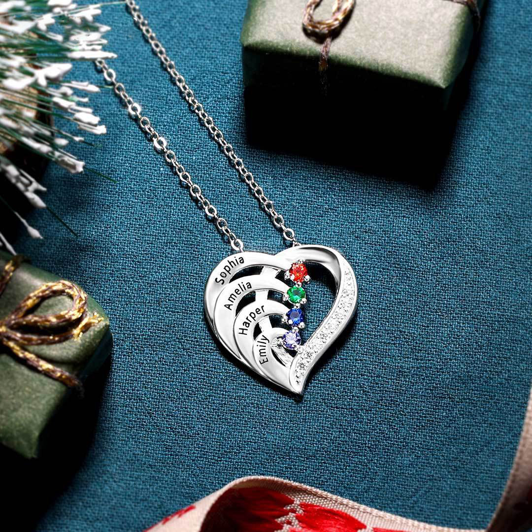 Personalized Mother Necklace 2/3/4 Stones Engraved 2/3/4 Names Birthstone Intertwined Heart Pendant