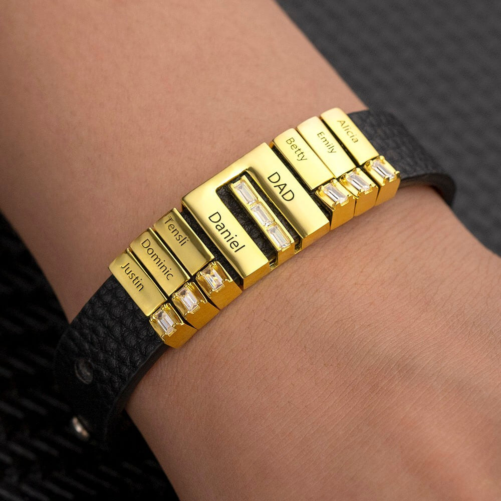 Father's Day Gift Men Learther Bracelet With Diamond Name Beads