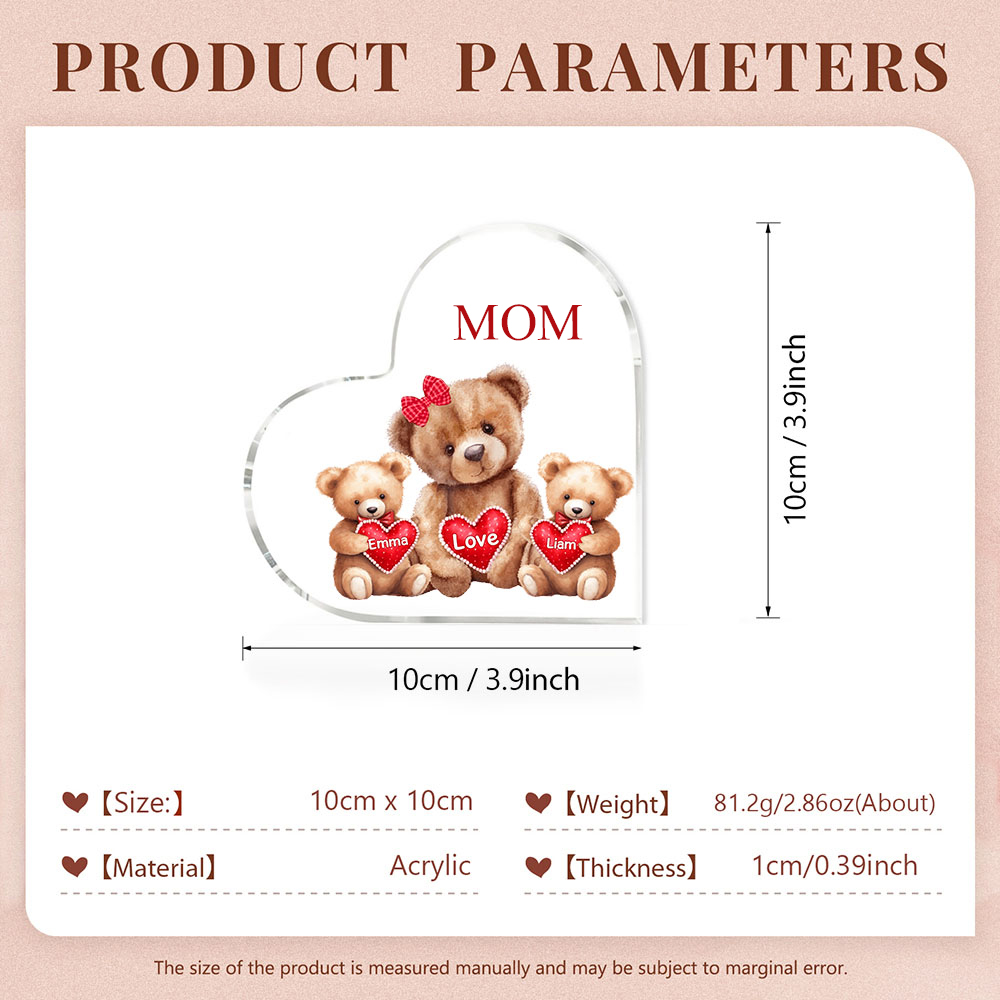 Personalized Acrylic Heart Keepsake Custom Texts Teddy Bear Ornaments Gifts for Grandma/Mother