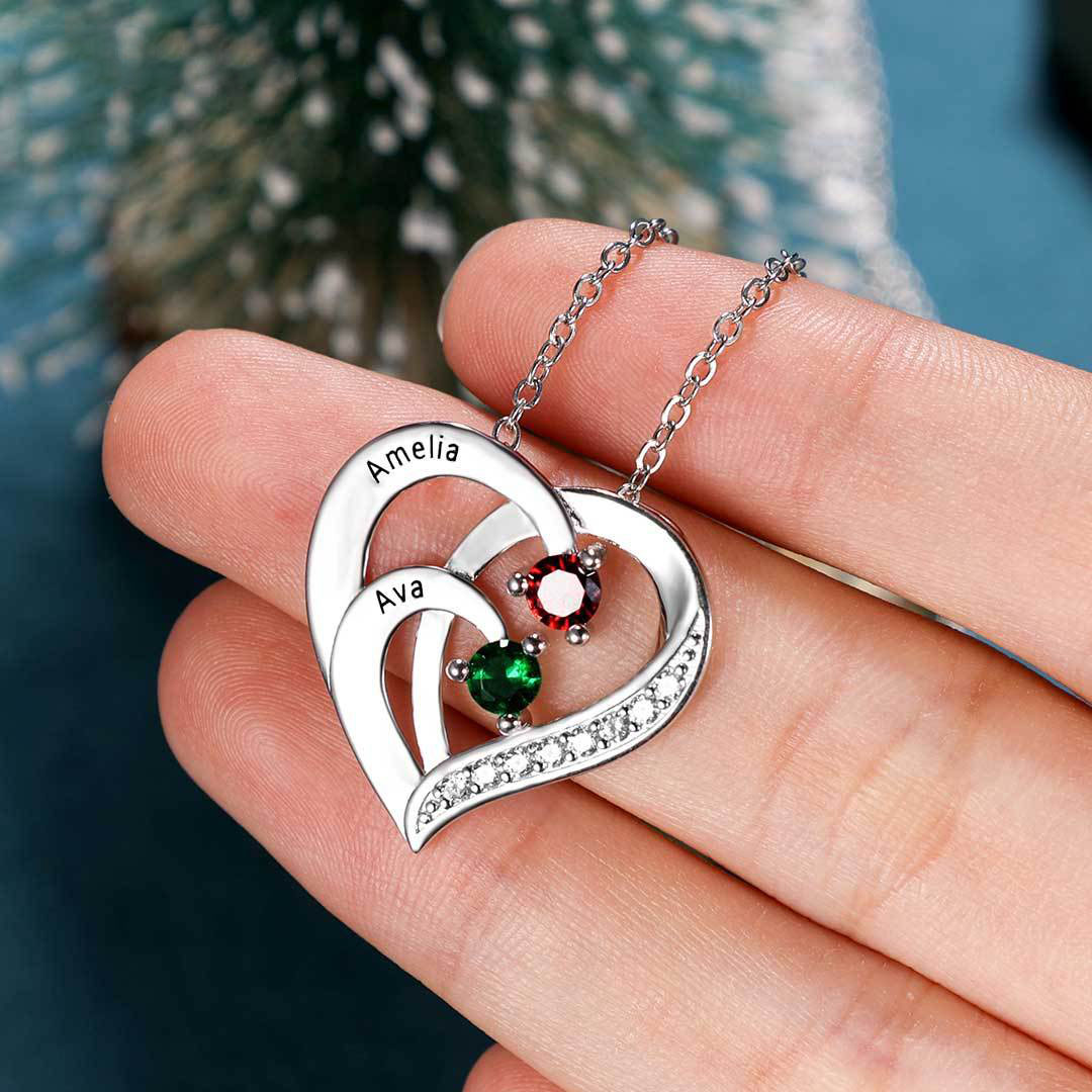 Personalized Mother Necklace 2/3/4 Stones Engraved 2/3/4 Names Birthstone Intertwined Heart Pendant