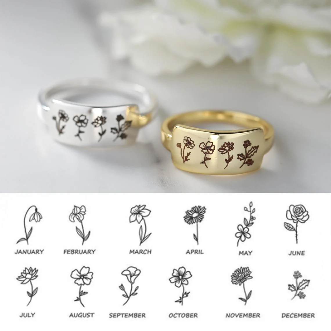 Mom's Gift Birth Flower Ring - No Rain No Flowers - Never Forget That Mom Raised Me