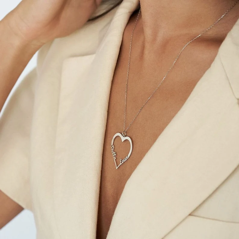 Contour Heart Pendant Necklace with Two Names