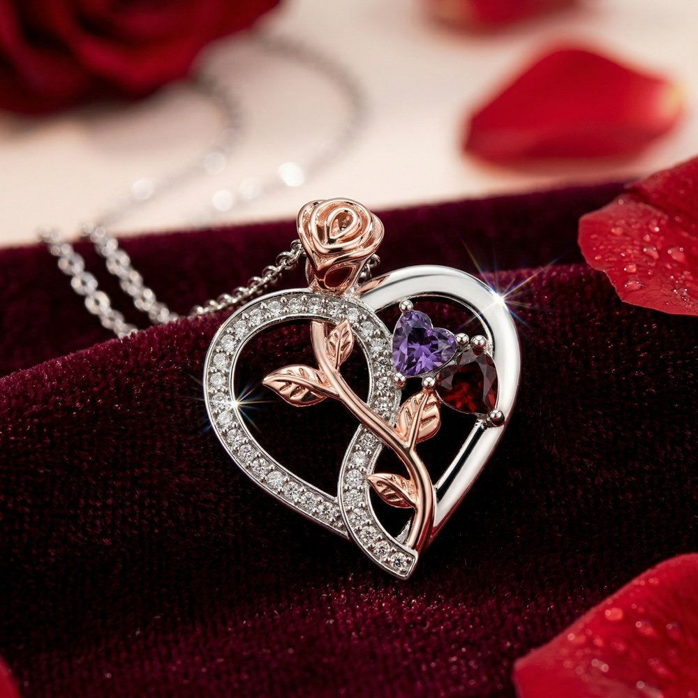 Heart-shaped birthstone rose necklace