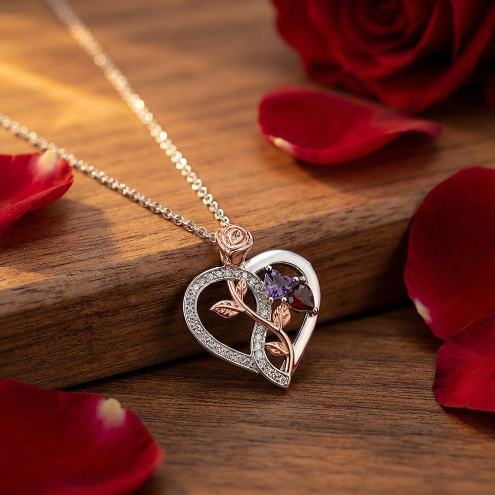Heart-shaped birthstone rose necklace