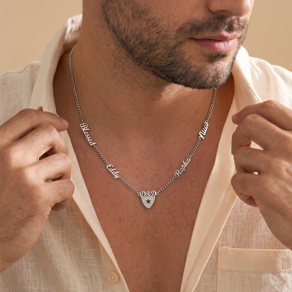 Custom Dad Necklace - Multi Name Shield Pendant with Crystal Star 