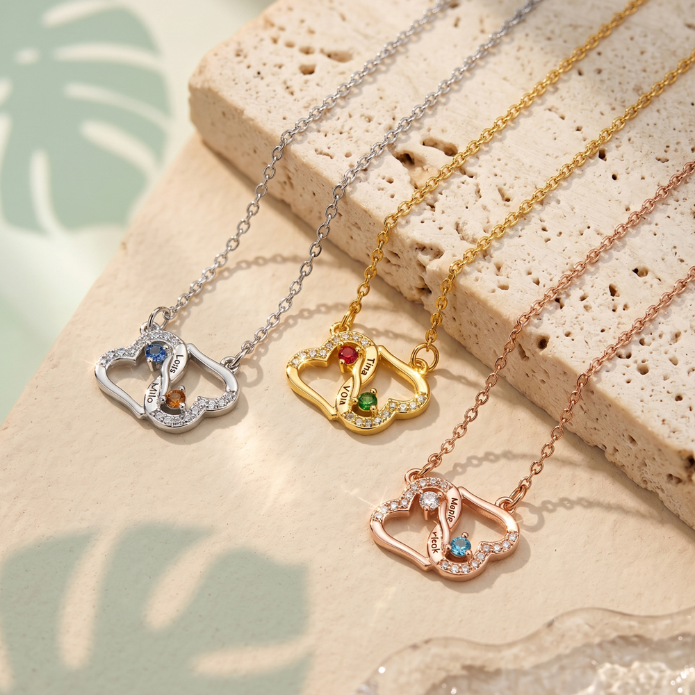 Diamond-encrusted double heart birthstone engraving necklace