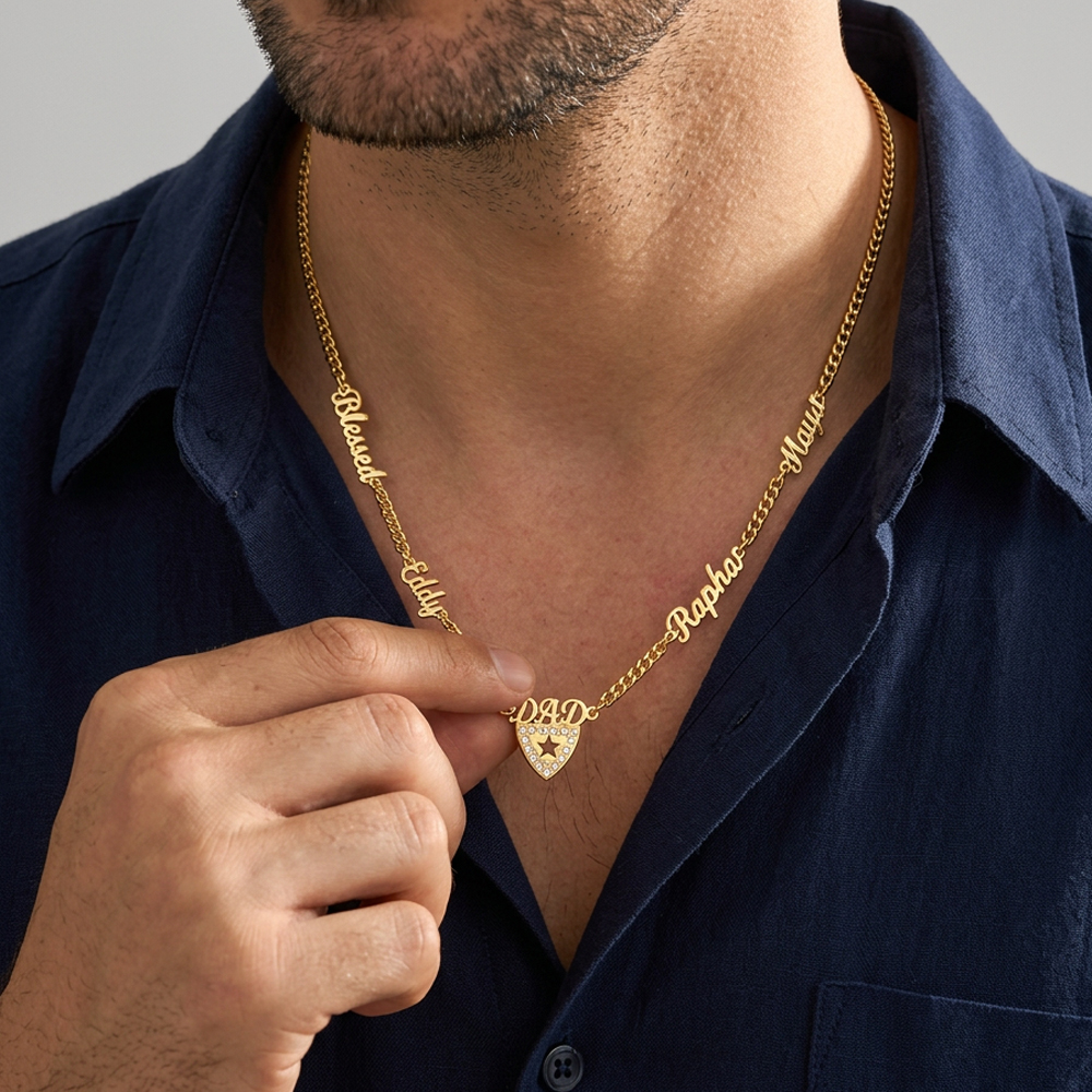 Custom Dad Necklace - Multi Name Shield Pendant with Crystal Star 
