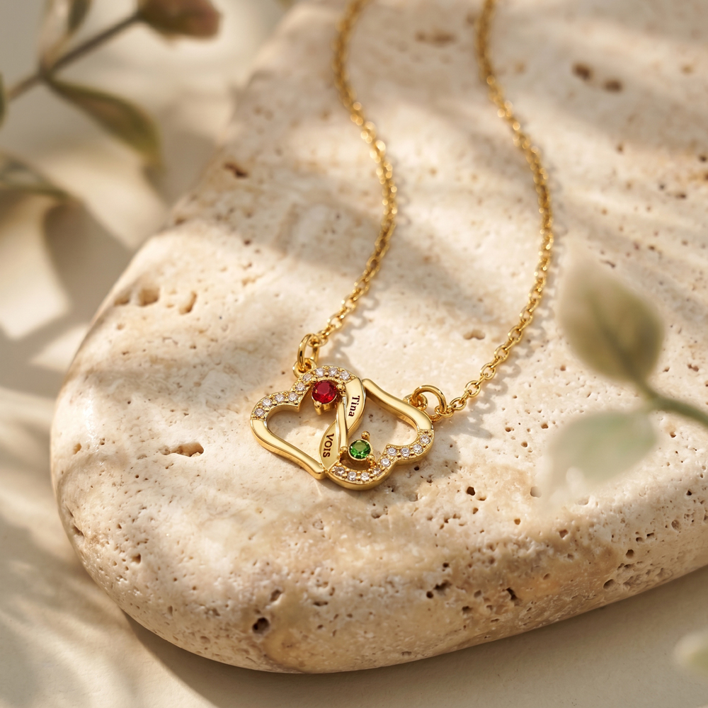 Diamond-encrusted double heart birthstone engraving necklace