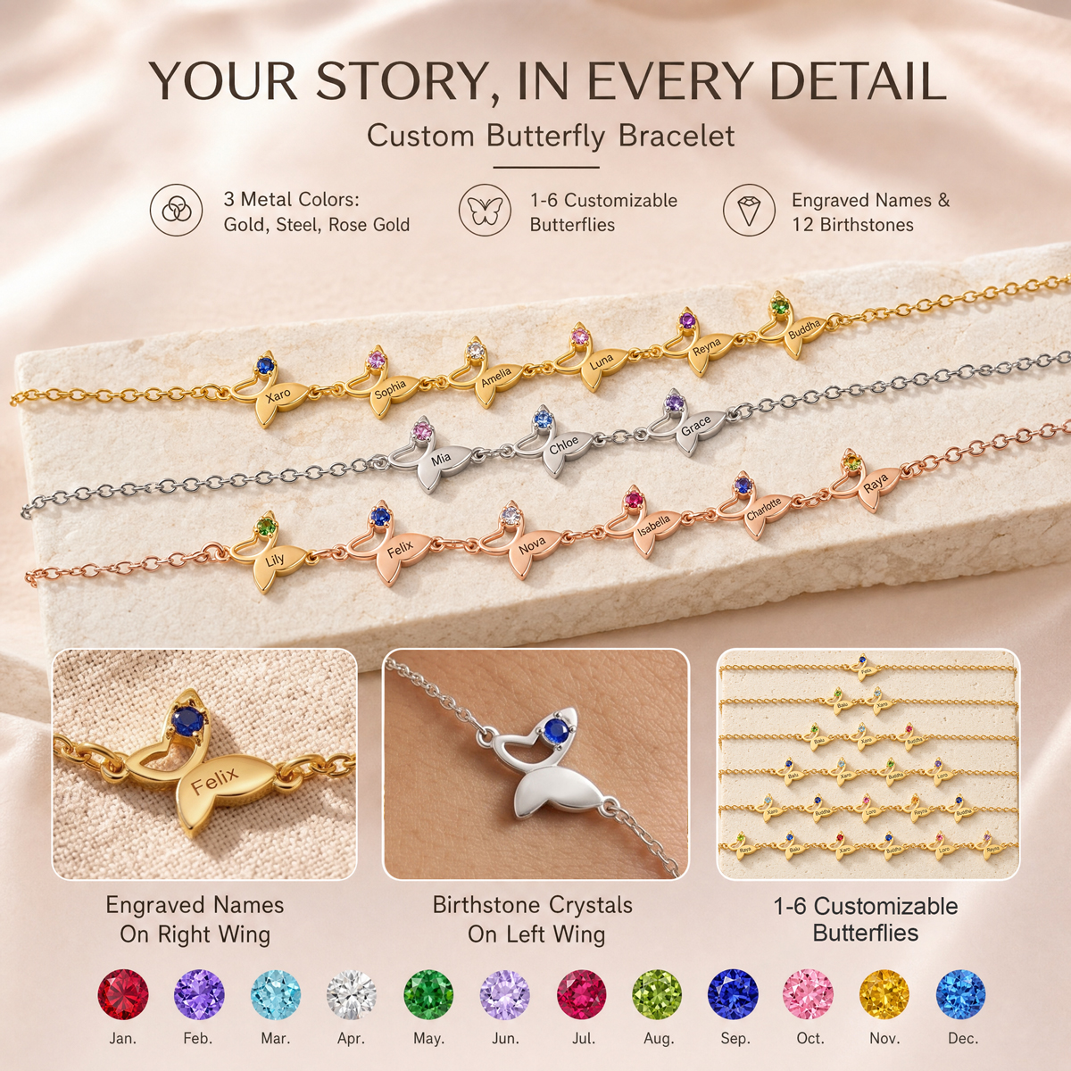 Diamond-engraved butterfly bracelet