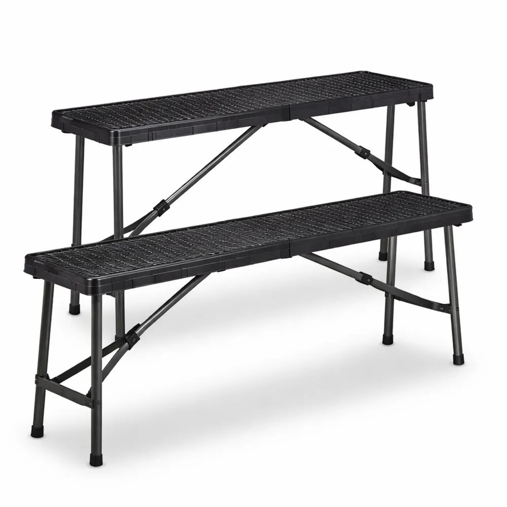 Bancs pliants pour extérieur, lot de 2, en plastique, compact et portable, dimensions 42x100x25 cm, noir