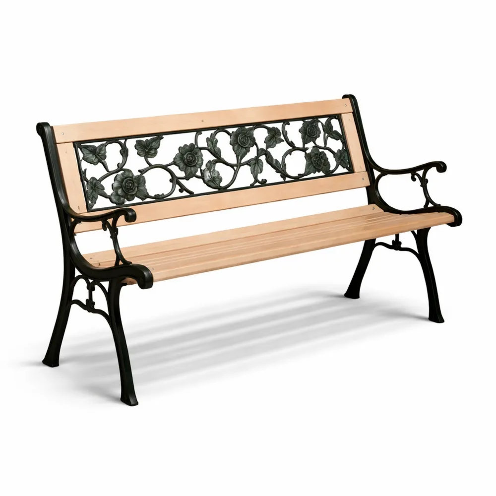 Banc de jardin motif floral 3 places avec structure en bois et pieds en fonte