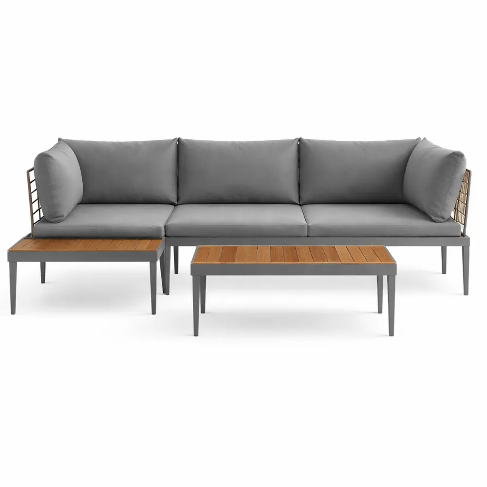 Ensemble de Jardin 4 Places Modulable en Acacia et Acier avec Table Basse et Coussins