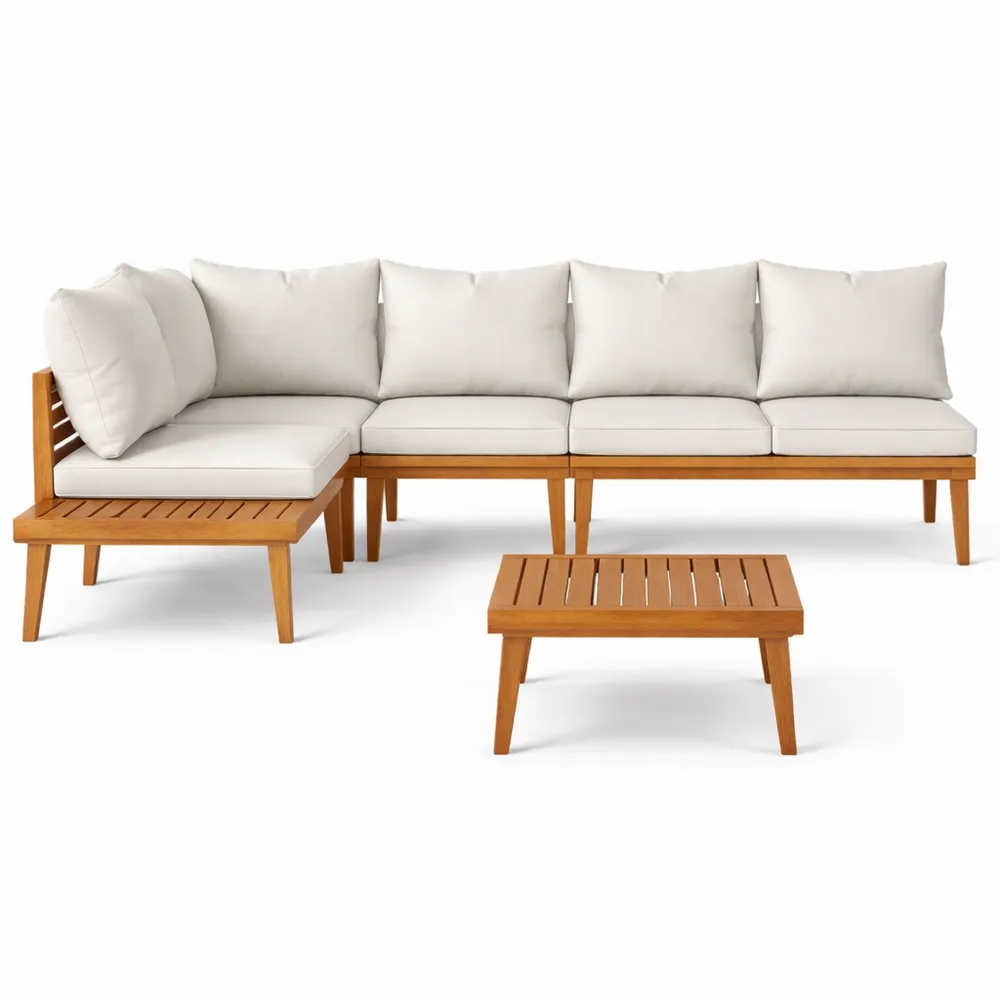 Ensemble de Salon de Jardin 5 Places en Bois d'Acacia avec Table et Coussins Crème