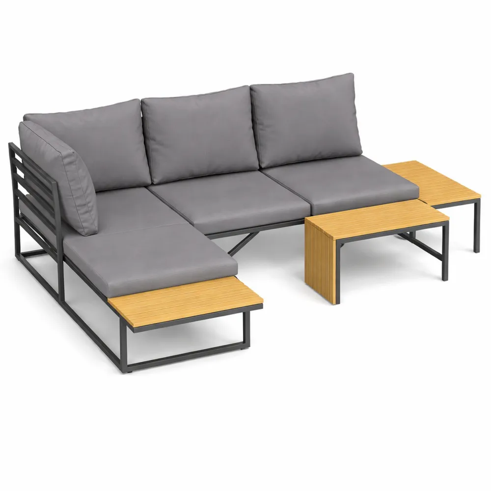 Salon de jardin modulable en bois avec canapé et table basse, dossier ajustable, coussins inclus, pour terrasse ou patio