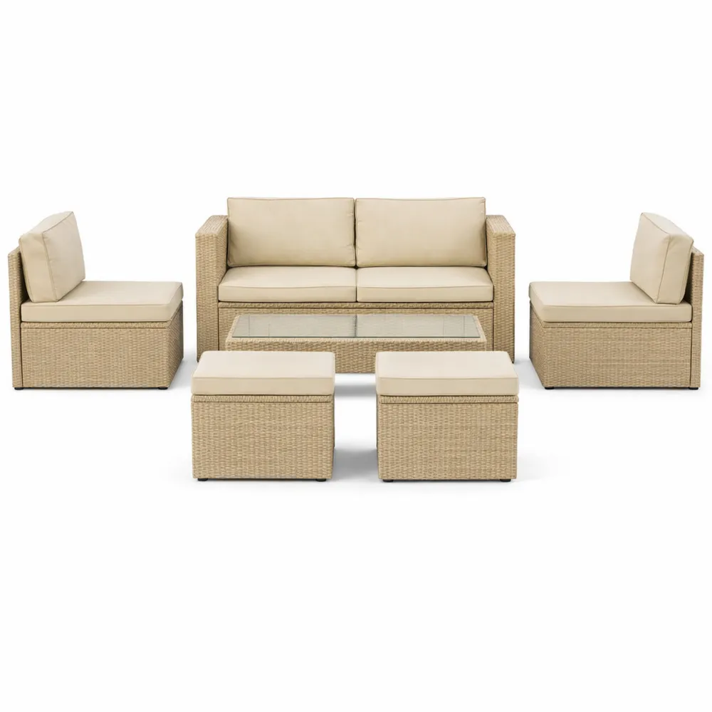 Ensemble de Mobilier de Jardin en Rotin Synthétique pour 6 Personnes avec Table et Coussins