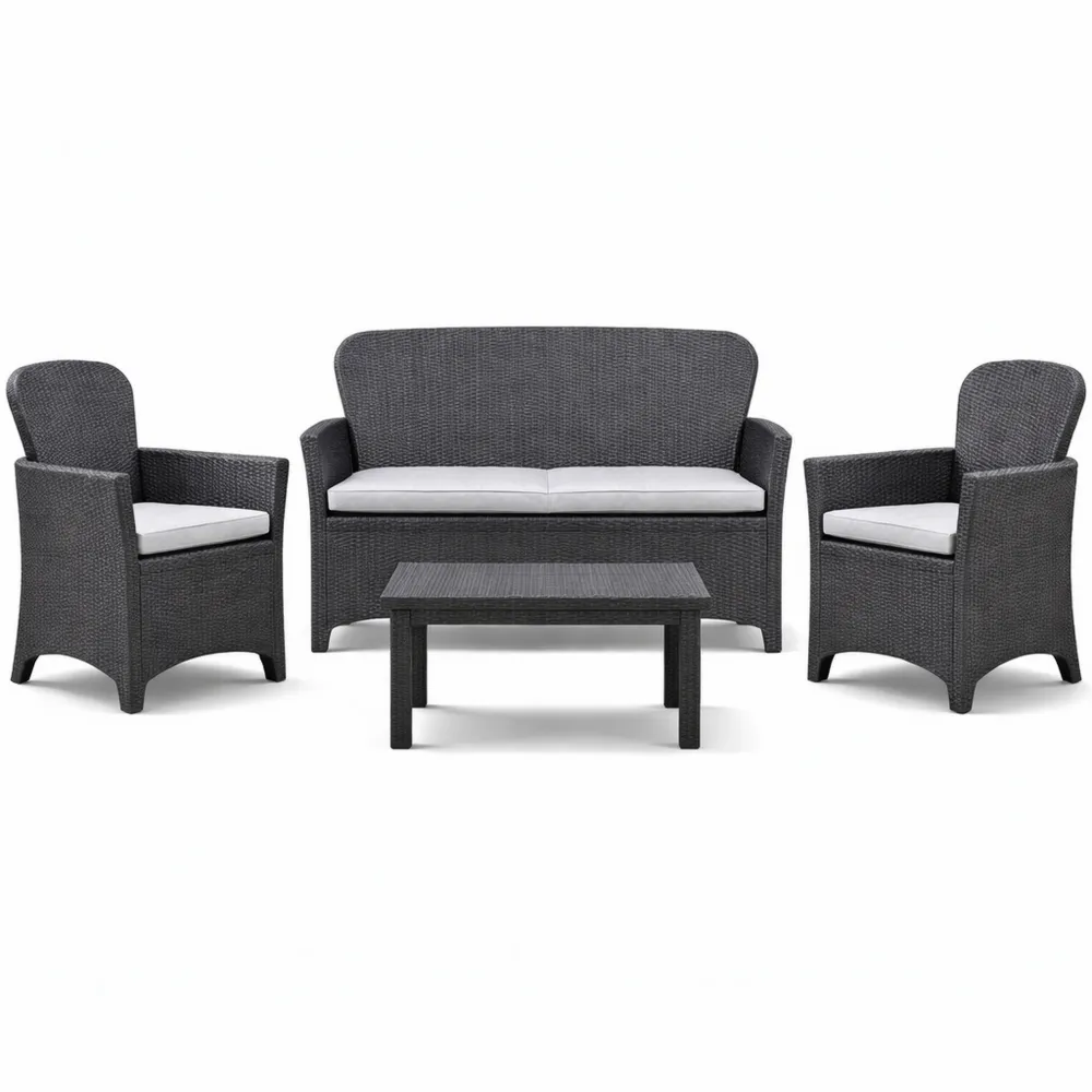 Ensemble de salon de jardin avec canapé, fauteuils et table basse, effet rotin avec coussins, couleur anthracite