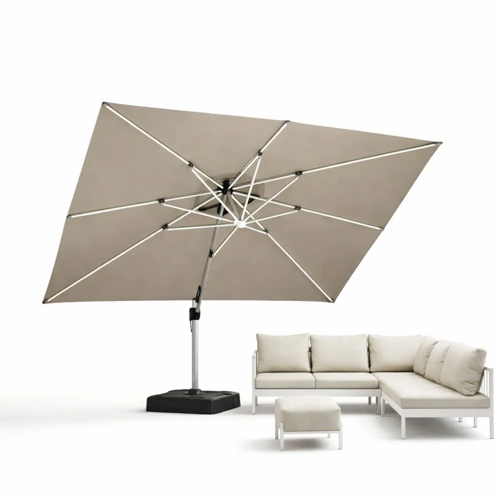 Grand Parasol Déporté Rectangulaire avec Éclairage LED, Rotation à 360°, Anti-UV, Beige