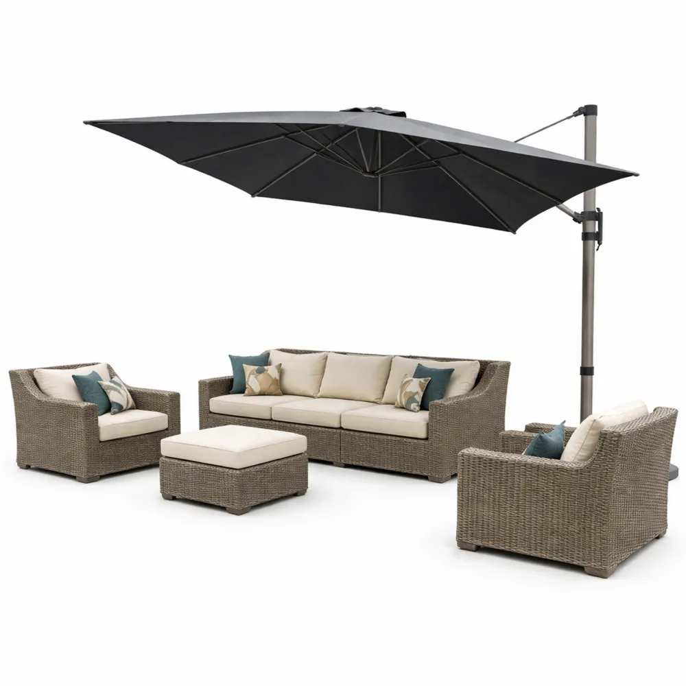 Parasol rectangulaire 3x4 m avec rotation 360°, protection solaire UPF 50+, couleur gris acier