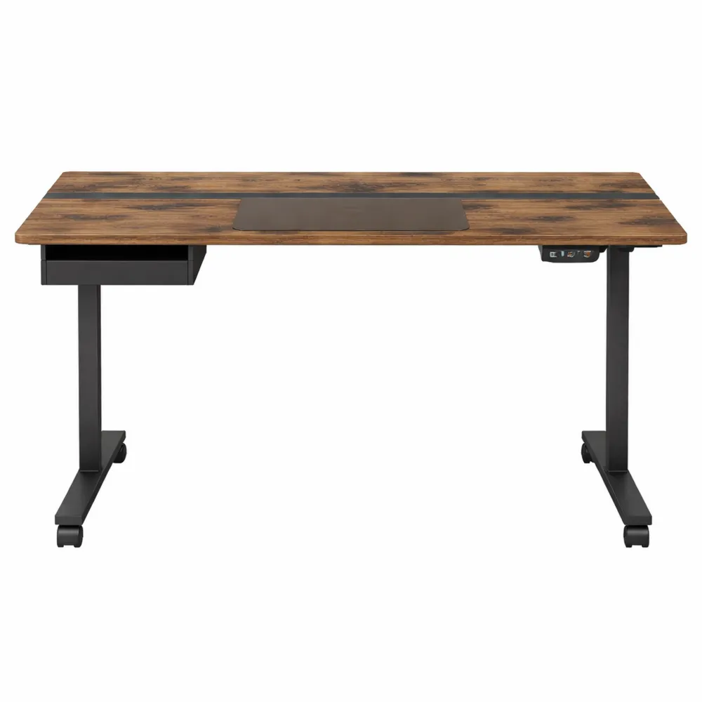 Bureau électrique réglable en hauteur avec fonction mémoire, surface 60 x 140 cm, marron rustique et noir