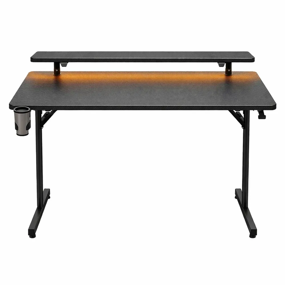 Bureau de jeu avec éclairage LED, table pour gamer avec accessoires pratiques, finition en fibre de carbone